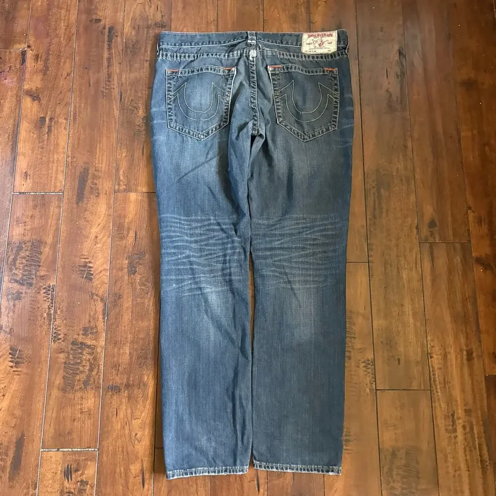 True Religion Jeans Mens 38x32 Blue Slim Fit Streetwear Faded Distressed